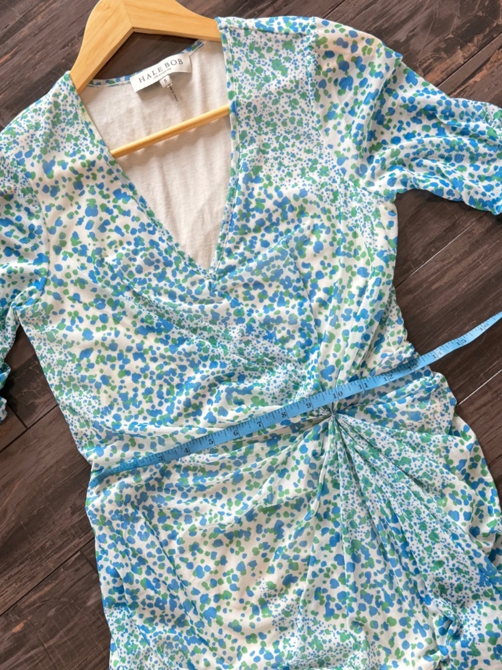 Hale Bob Twist Front Stretch Dress Elbow Sleeves Lined V- Neck Blue Green Print - Picture 11 of 12